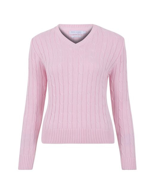 Paul James Knitwear Pink Cotton Talulah Cable V Neck Jumper