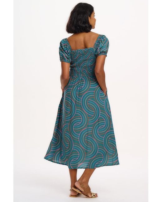 Sugarhill Blue Jolene Shirred Midi Dress, Concentric Circles