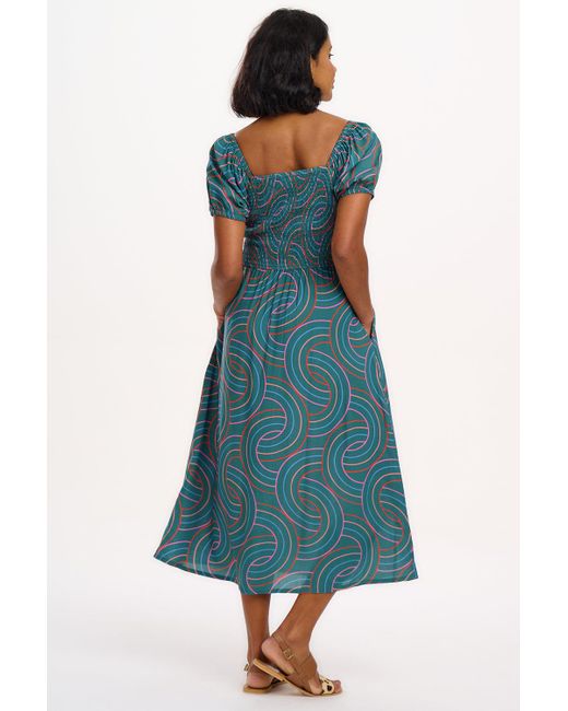 Sugarhill Blue Jolene Shirred Midi Dress, Concentric Circles
