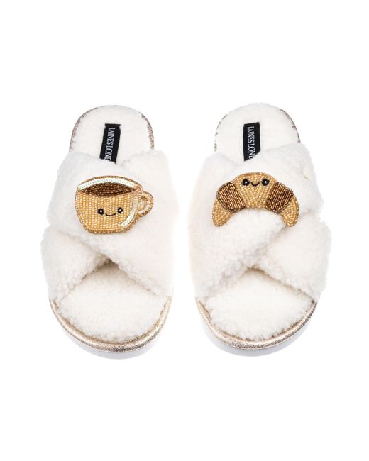 Laines London Metallic Neutrals Laines Boucle Slippers With Laines Loveables Coffee & Croissant Brooches