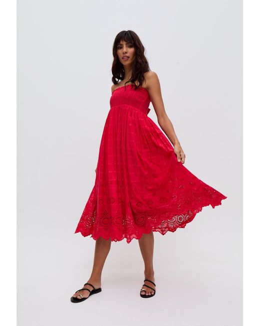 Raffya Mirella Smocked Waist Embroidered Midi Skirt