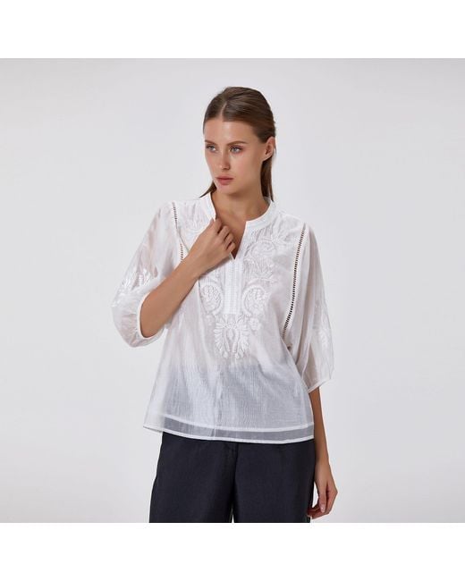 Smart and Joy Orange Embroidered Tencel-Blend Blouse