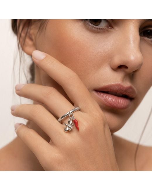 Unaloe White Adjustable Sterling Bee And Italian Horn Charm Ring