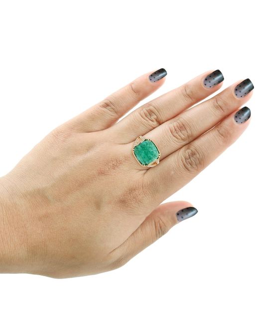 Artisan Green 18k Yellow Gold Flower Carving Emerald Pave Diamond Cocktail Ring Handmade Jewelry