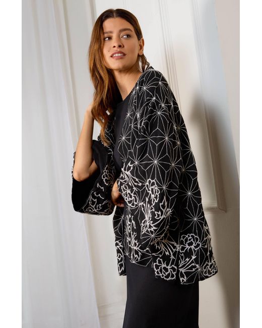 Artemis Muse Black Asanoha & Peony Embroidered & Ivory Fully Lined Short Kimono