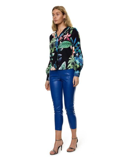 Carloslines Blue V-Neck Bar Tack Long Sleeve Blouse