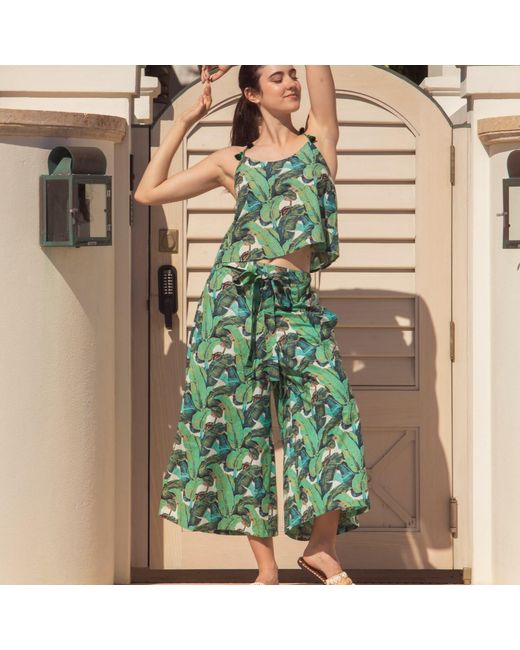 Pick Happy Green Matching Set Cotton Wide Pant & Little Top With Silk Tassels