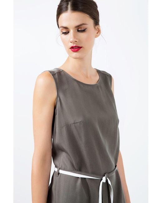 Conquista Gray Khaki Colour Straight Dress With Belt