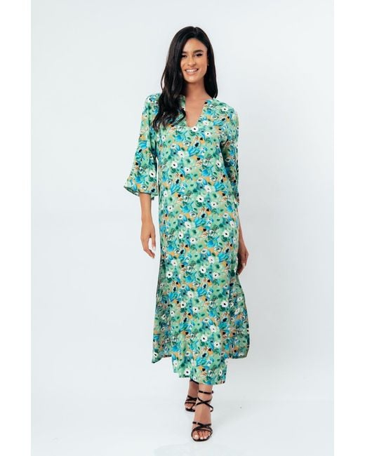 Conquista Green Floral Kaftan Style Maxi Dress