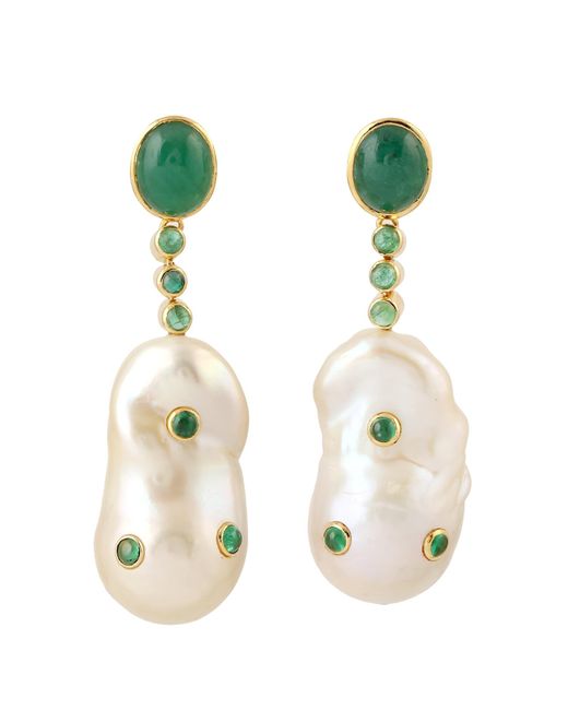 Artisan Green Designer Dangle Earrings Emerald Pearl 18k Solid Gold