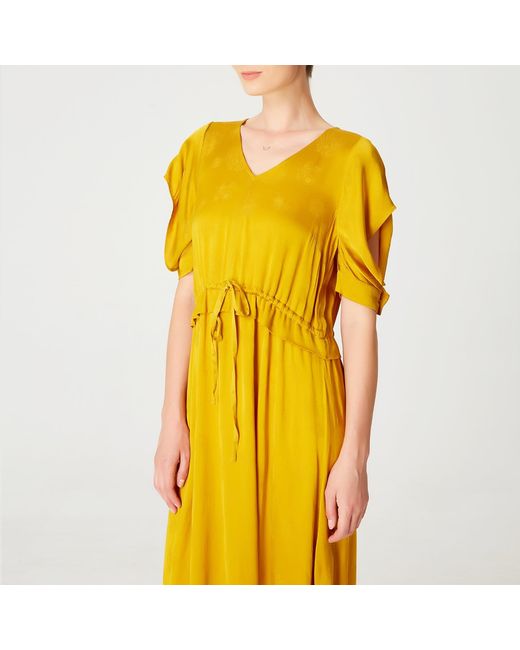 Smart and Joy Yellow V-Neckline Midi Dress With Drawstring Belt