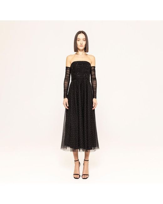 Nissa Black Rhinestone-Embellished Tulle Midi Dress