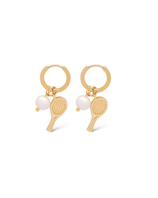 VALERIE CHIC Metallic Tennis Racket Ball Pearl 18K Hoop Earrings