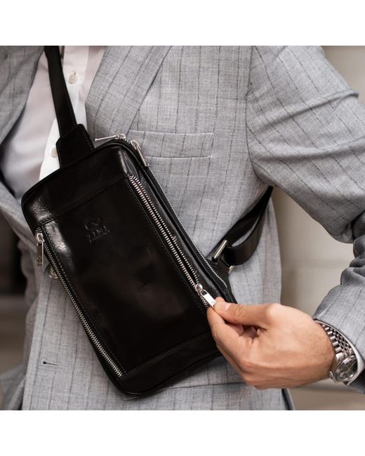 Time Resistance Black Leather Sling Bag Chest Bag for men