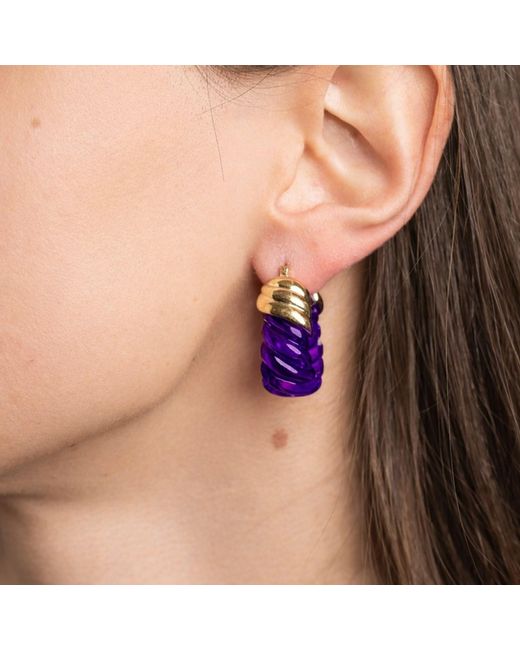Gold & Honey Purple Amethyst Rope Shrimp Lucite Birthstone Hoop Earrings