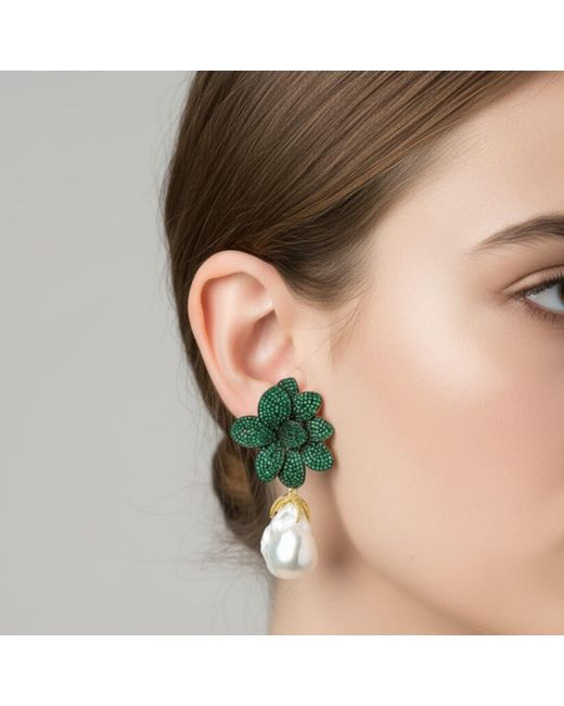 Latelita London Green Amaryllis Flower Baroque Pearl Drop Earrings