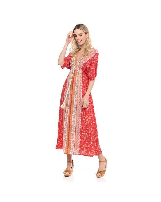 Tantra Spain Sl Red Printed Dress With V-Neck, Elastic Waist And Drawstring Unique Size