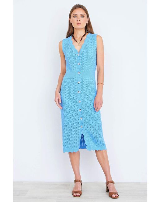Yumi' Blue Scallop Edge Crochet Knitted Midi Dress