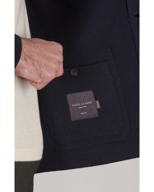 Paul James Knitwear Blue Midweight Cotton Jaipur Knitted Nehru Jacket for men