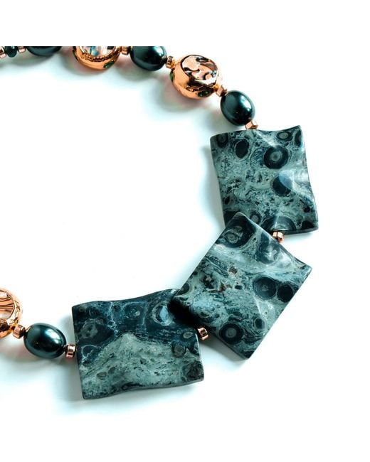 Edgar Navarro Jewelry Green Kambaba Jasper Necklace With Mother Of Pearl Beads & Pearls