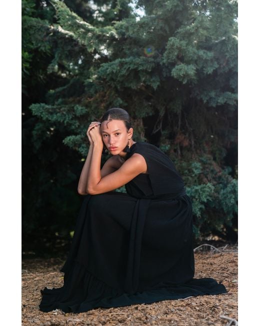 Jennafer Grace Black Diamond Pleated One-Shoulder Maxi Dress