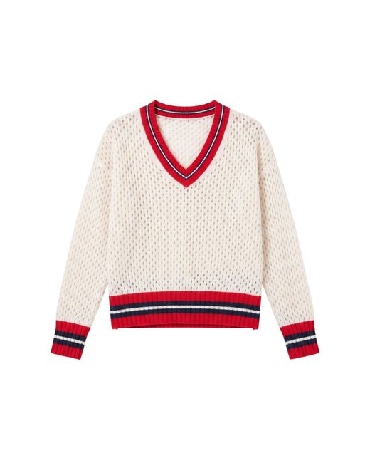 Brodie Cashmere Red Open Mesh Cricket Cashmere V-Neck