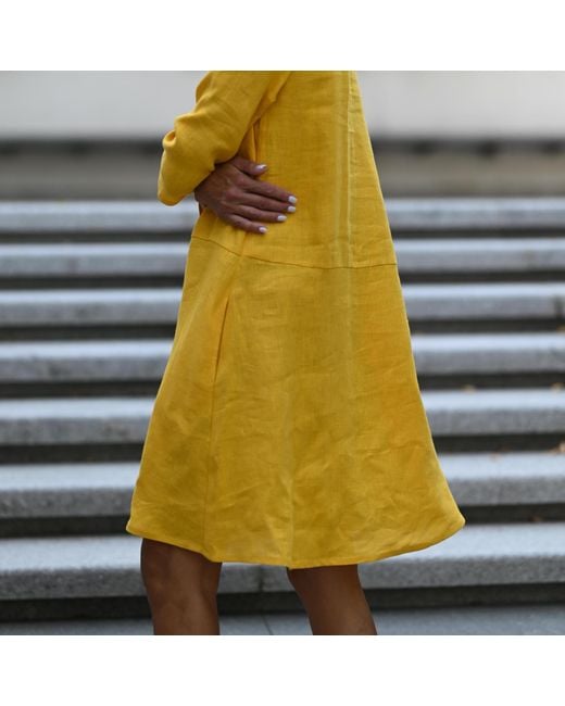 LeMuse Yellow Sun — V-Neck Stonewashed Linen Dress
