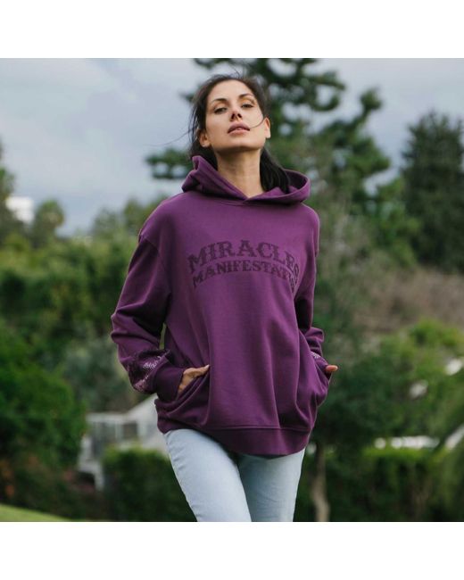 Miracles Manifester Purple Positive Affirmation Hoodie With Rhinestone Design