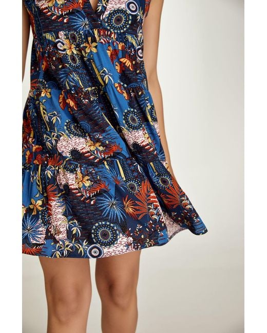 Conquista Blue Sleeveless Flora Print A Line Dress