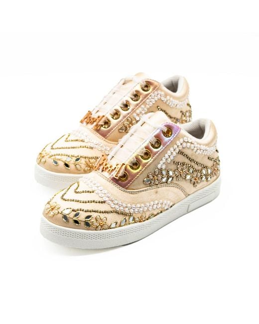 Rettrose Natural Neutrals Caroline Luxury Buttermilk Satin Handmade Embellished Tennis Shoe