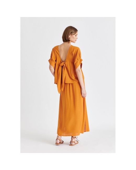 Paisie Orange Side Splits Midi Skirt With Drawstring