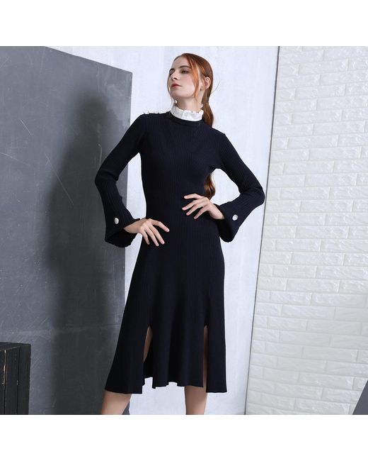 Smart and Joy Black Pleats Collar Preppy Knit Midi Dress
