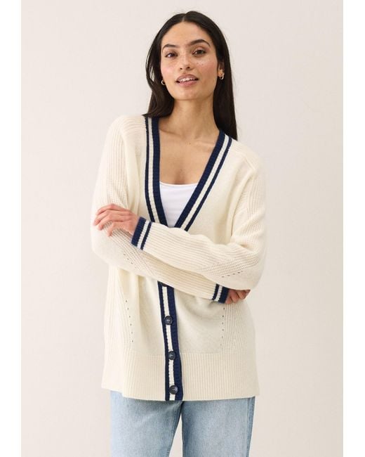 Loop Cashmere White Striped Tipped V Neck Lofty Cardigan