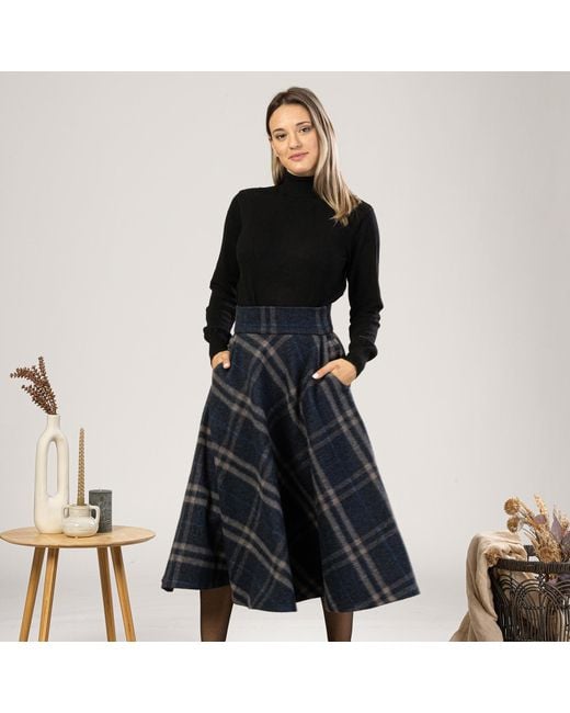 Nikka Place Blue Wool Midi Tartan Skirt With High Waist & Pockets