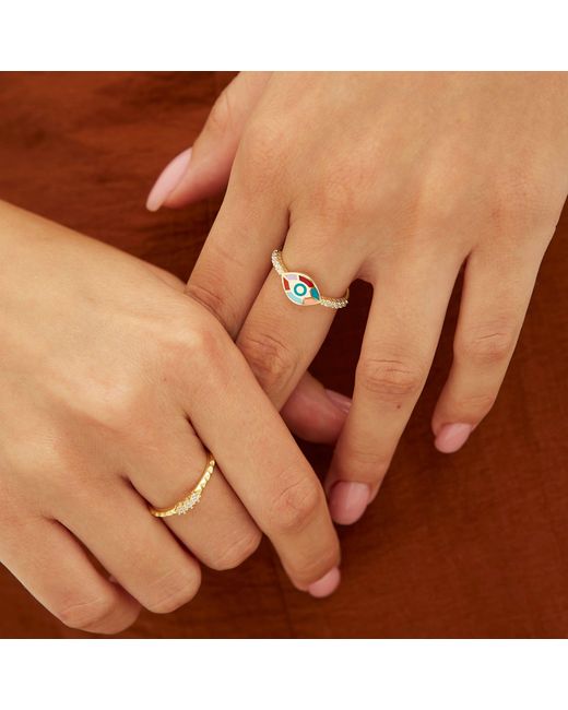 Spero London White Enamel Five Color Evil Eye Sterling Signet Ring