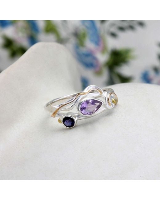 Isla Silver White Handmade Teardrop Amethyst & Iolite Ring