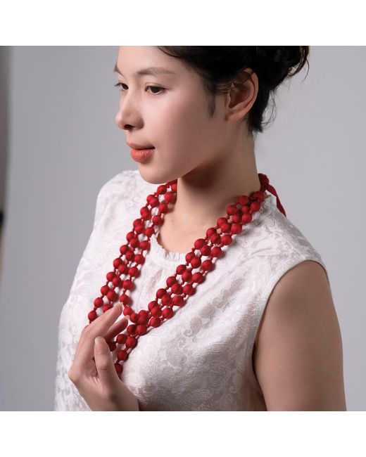Silk and Bears Red Crimson Hand-Knotted Silk Bead Necklace – Triple Strand