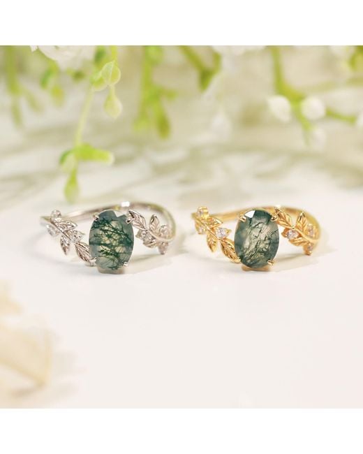 Azura Jewelry New York Metallic Between The Leaf Oval Moss Agate Ring Solid