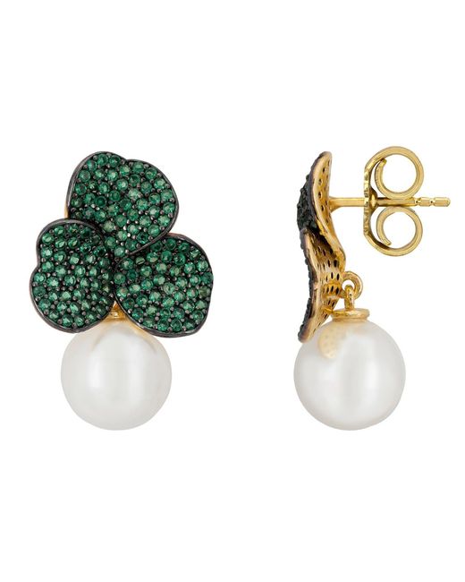 Latelita London Green Iris Flower And Pearl Dangle Earrings Emerald
