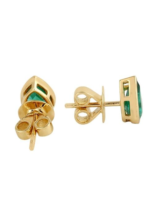 Artisan Green Pear Cut Emerald Gemstone Bezel Set In 18k Yellow Gold Designer Stud Earrings
