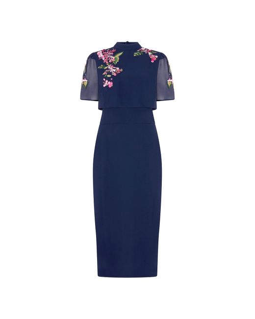 Hope & Ivy Blue The Ciara Embellished High Neck Open Tie Back Pencil Midi Dress