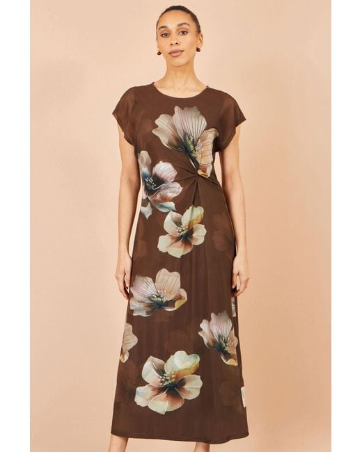 Yumi' Brown Mesh Floral Midi Dress