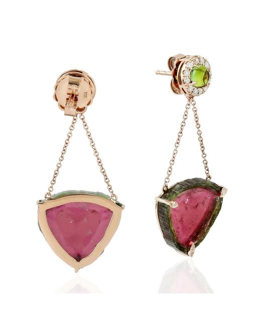 Artisan Pink Watermelon Tourmaline Slice & Diamond Drop Earrings