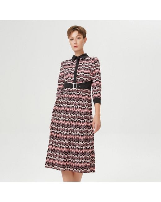 Smart and Joy Red Bi-Material Pleated Shirt Dress With Appliqué Belt & Herringbone Print