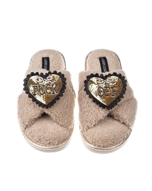 Laines London Natural Neutrals Neutral Boucle Slippers With & Fuck Off Brooches