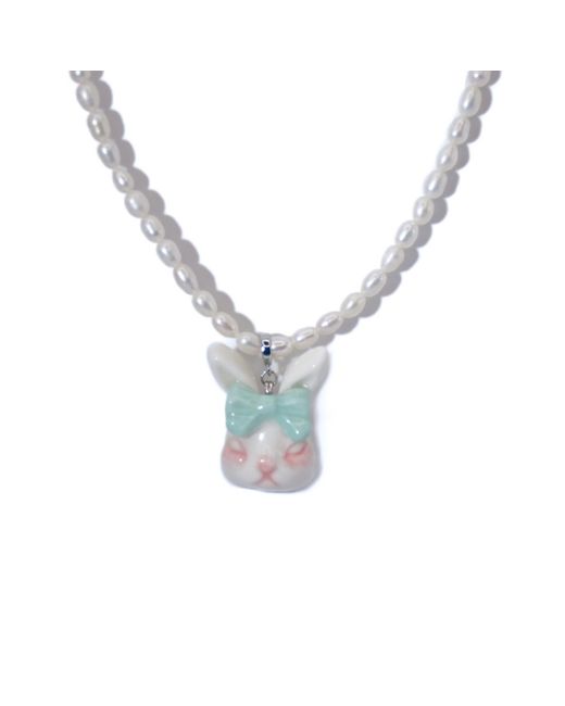 H2 Studio Metallic Grumpy Bunny Mint Bow Tie Freshwater Pearl Necklace