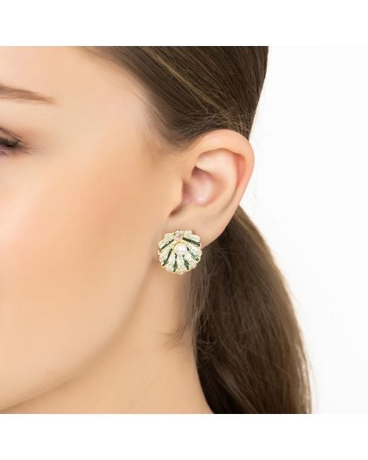 Latelita London Green Art Deco Scallop Shell Earrings Emerald With Pearl