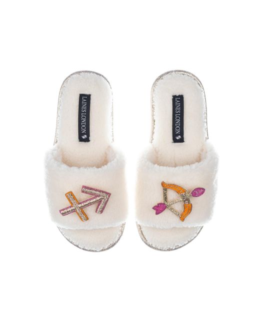 Laines London White Teddy Towelling Slipper Sliders With Sagittarius Zodiac Brooches