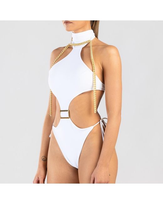 ANTONINIAS Opulent One-piece Swimwear With Golden Details And Decorative Gold Chain In White