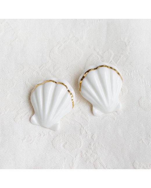 POPORCELAIN White Porcelain Clam Shell Statement Stud Earrings